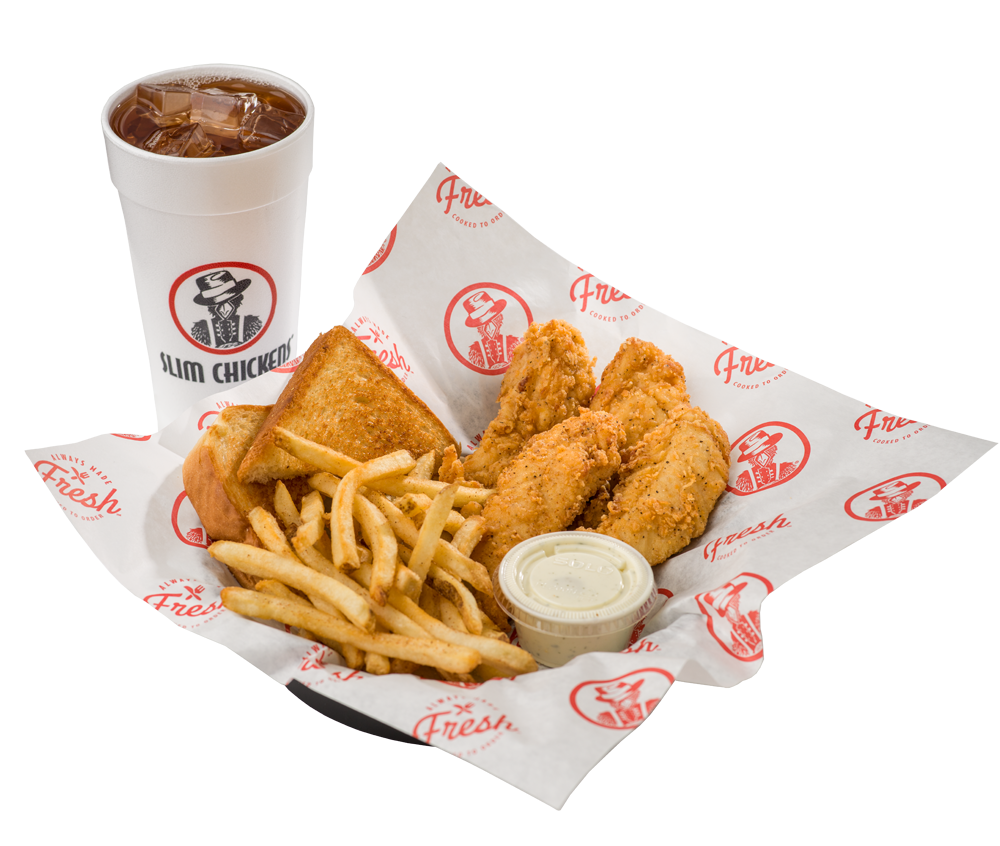 Slim Chickens classic meal with drink and sauce