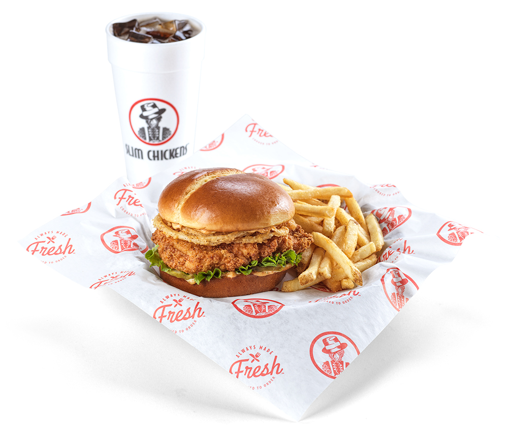 Slim Chickens cayenne ranch sandwich meal with drink and fries