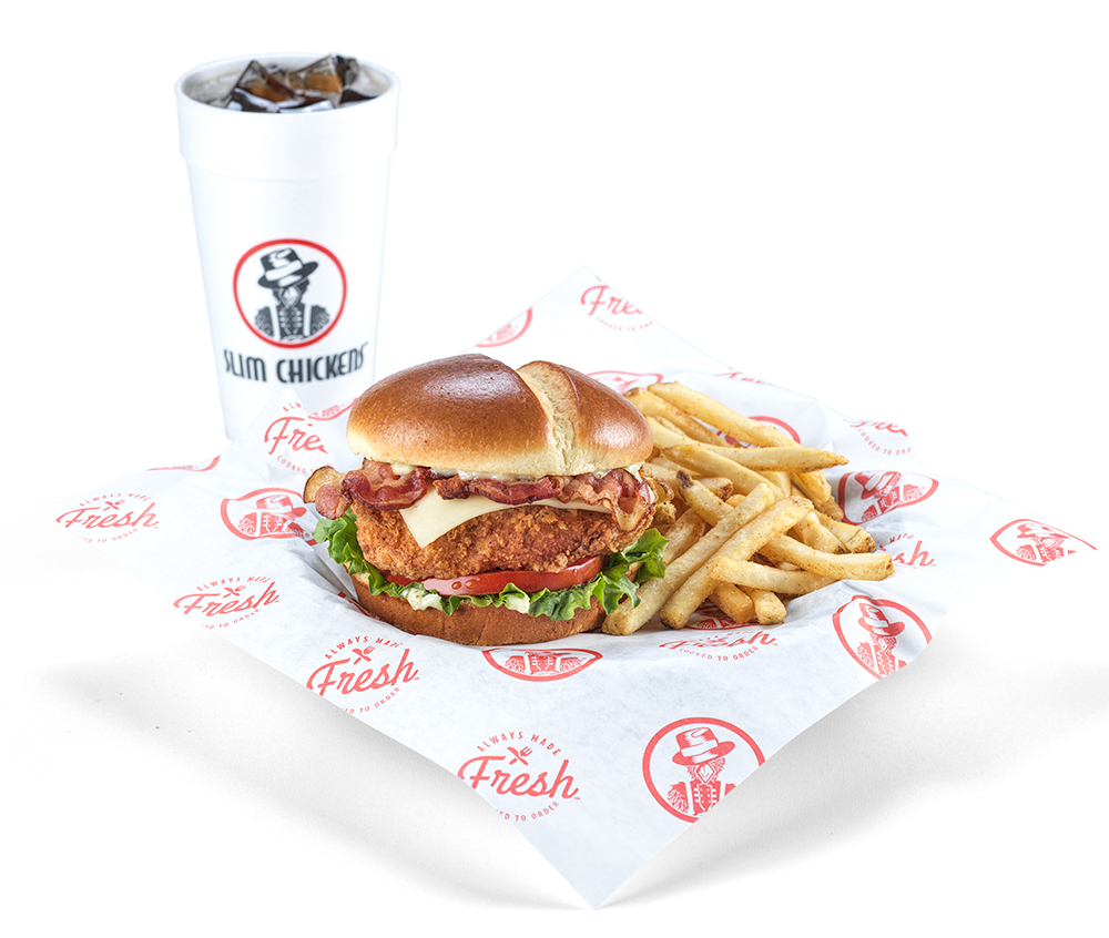 Slim Chickens chicken club meal with drink and fries